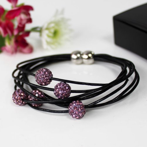 Pink Crystal Beads Bracelet With Fastening Leather Straps